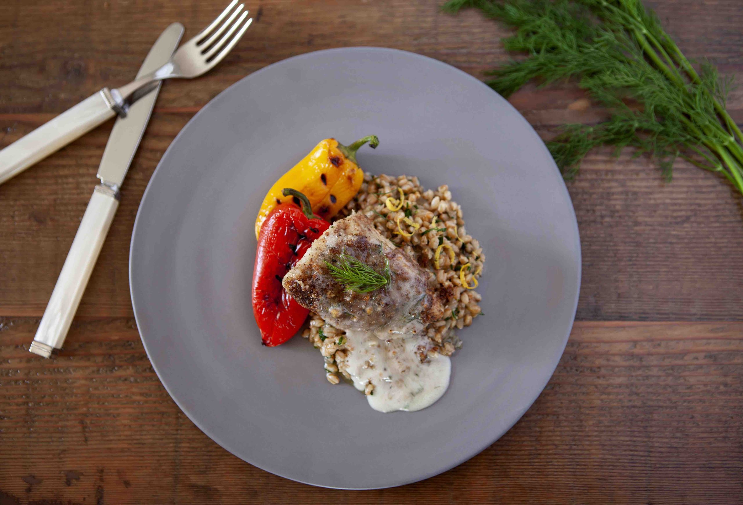 Walnut Encrusted Seabass with Herbed Farro